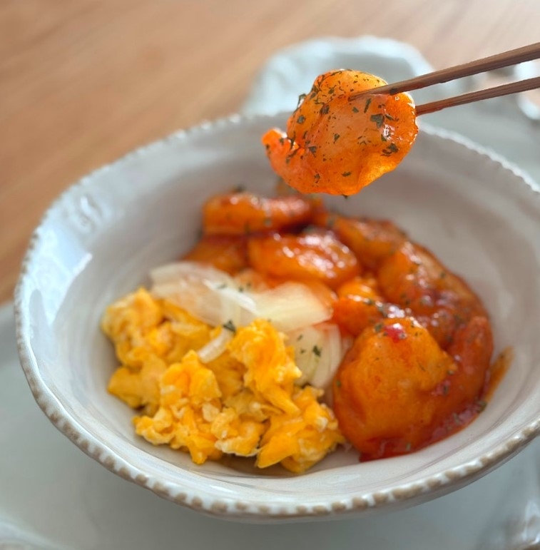 rice topped with chili shrimp